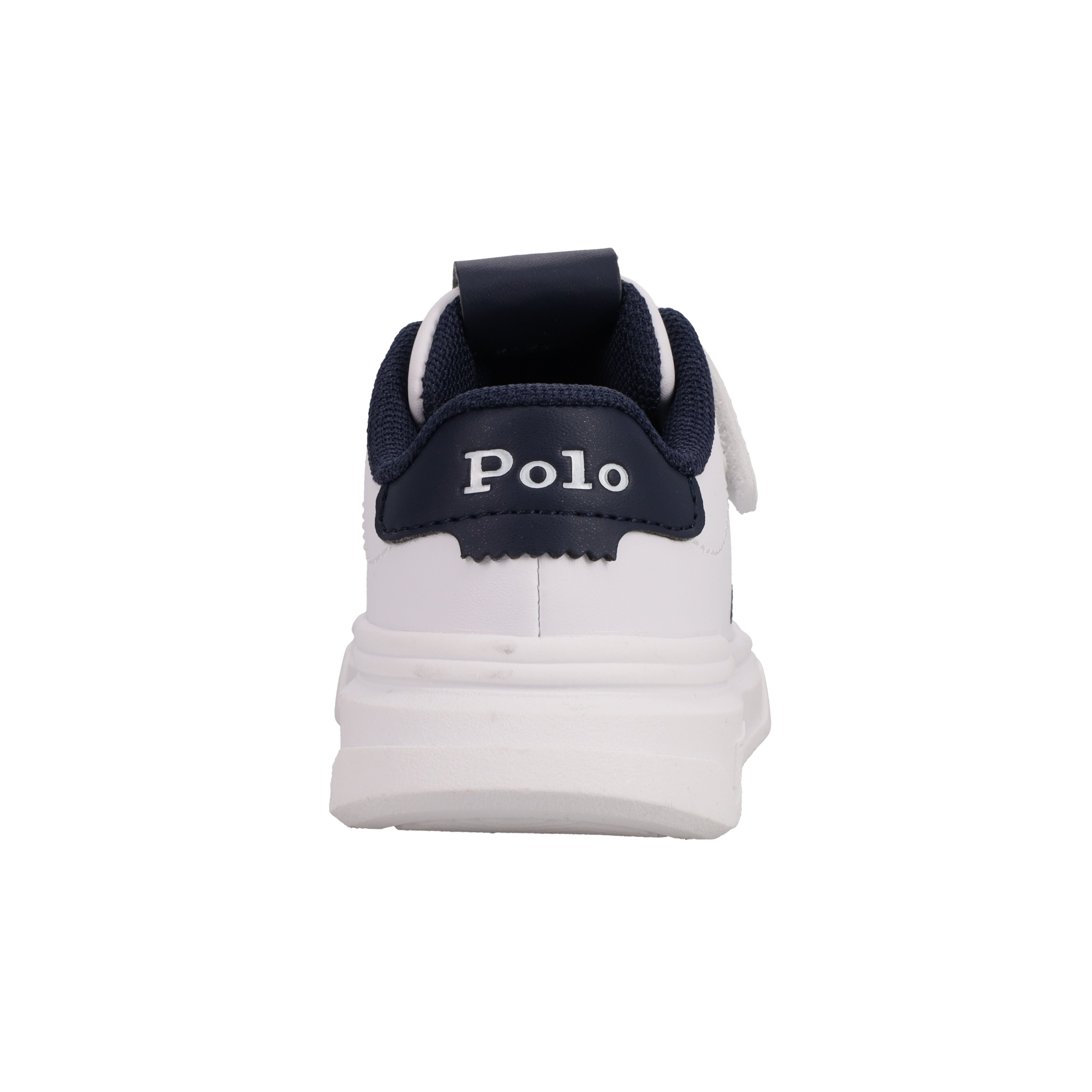נעל סניקרס לבנה עם עקב כחול כהה וכיתוב Polo, מבט מאחור