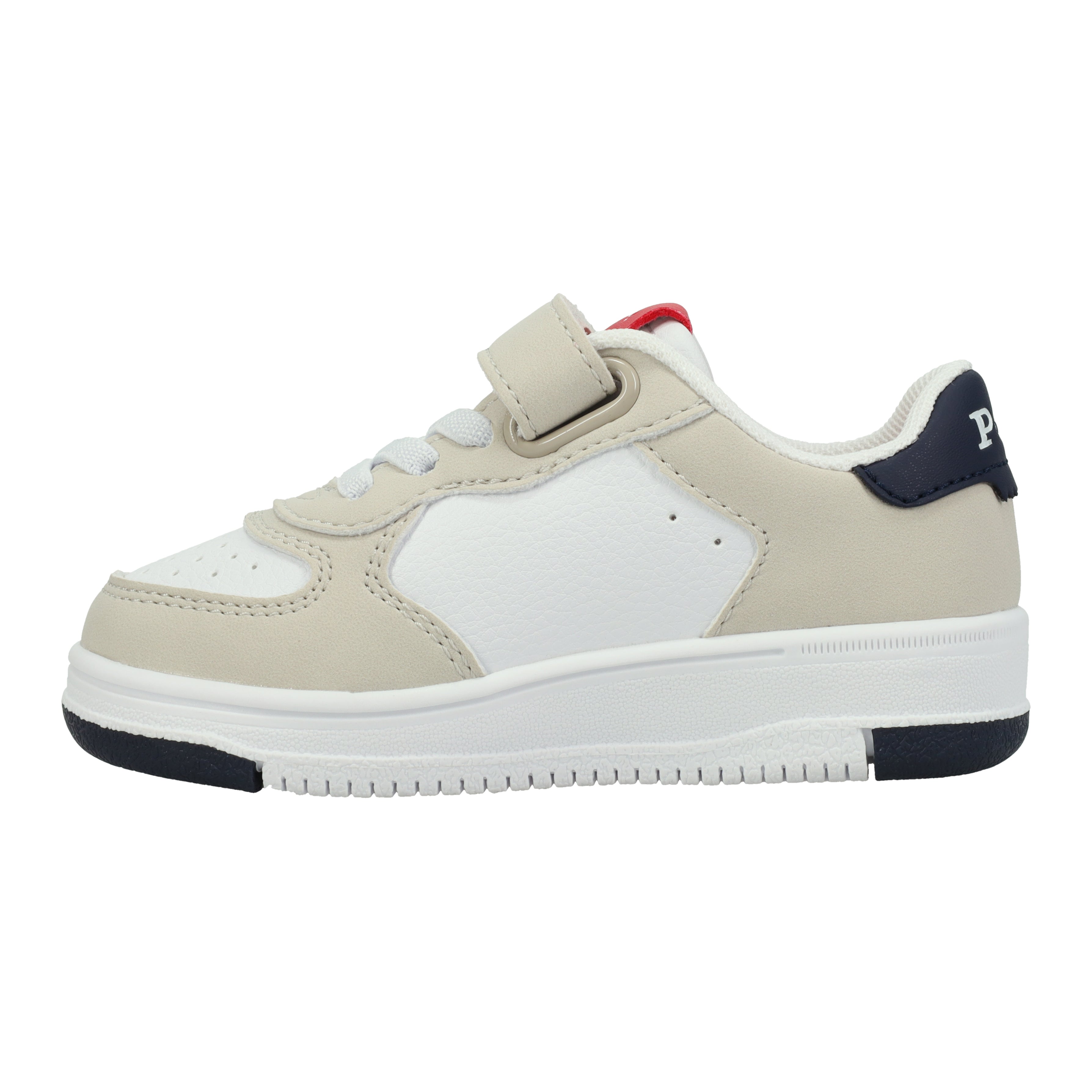 נעל סניקרס ילדים בצבע לבן ובז', סוליה לבנה ורצועת סקוץ'