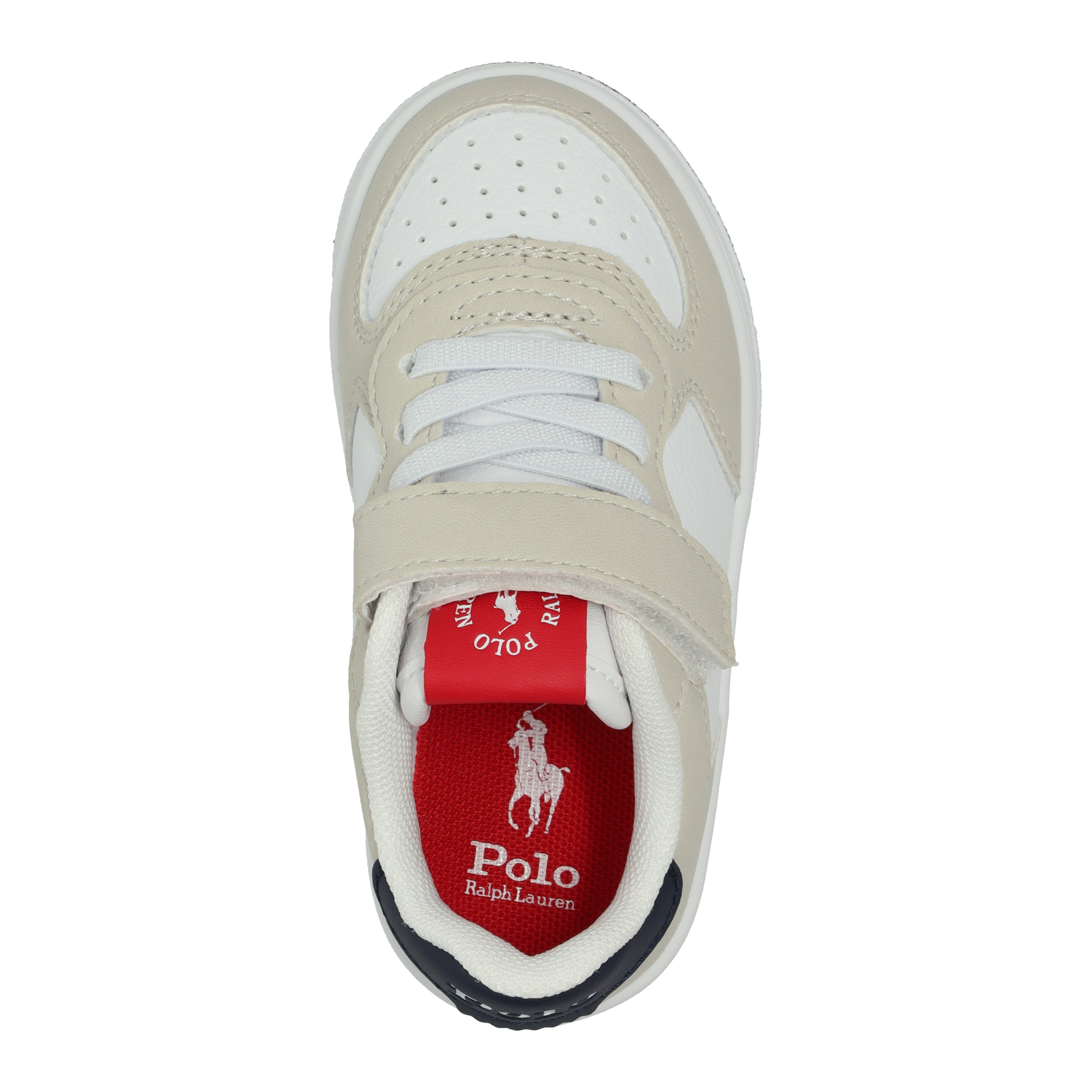 נעל ספורט לבנה עם שרוכים וסטריפ, לוגו Polo Ralph Lauren אדום בתוך הנעל