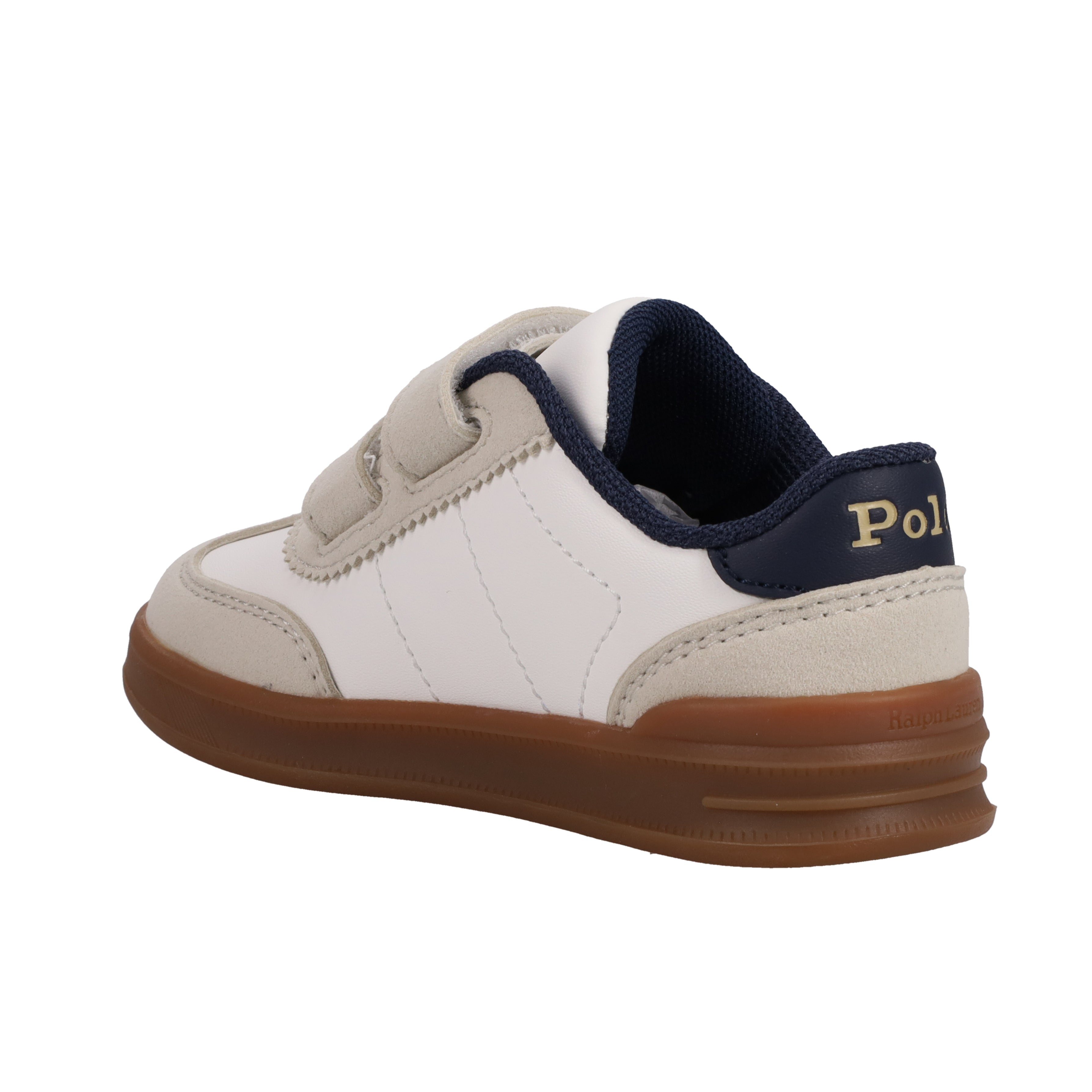 נעל סניקרס ילדים בצבע לבן ובז', סוליה חומה, סגירת סקוץ' ועקב כחול עם כיתוב זהב