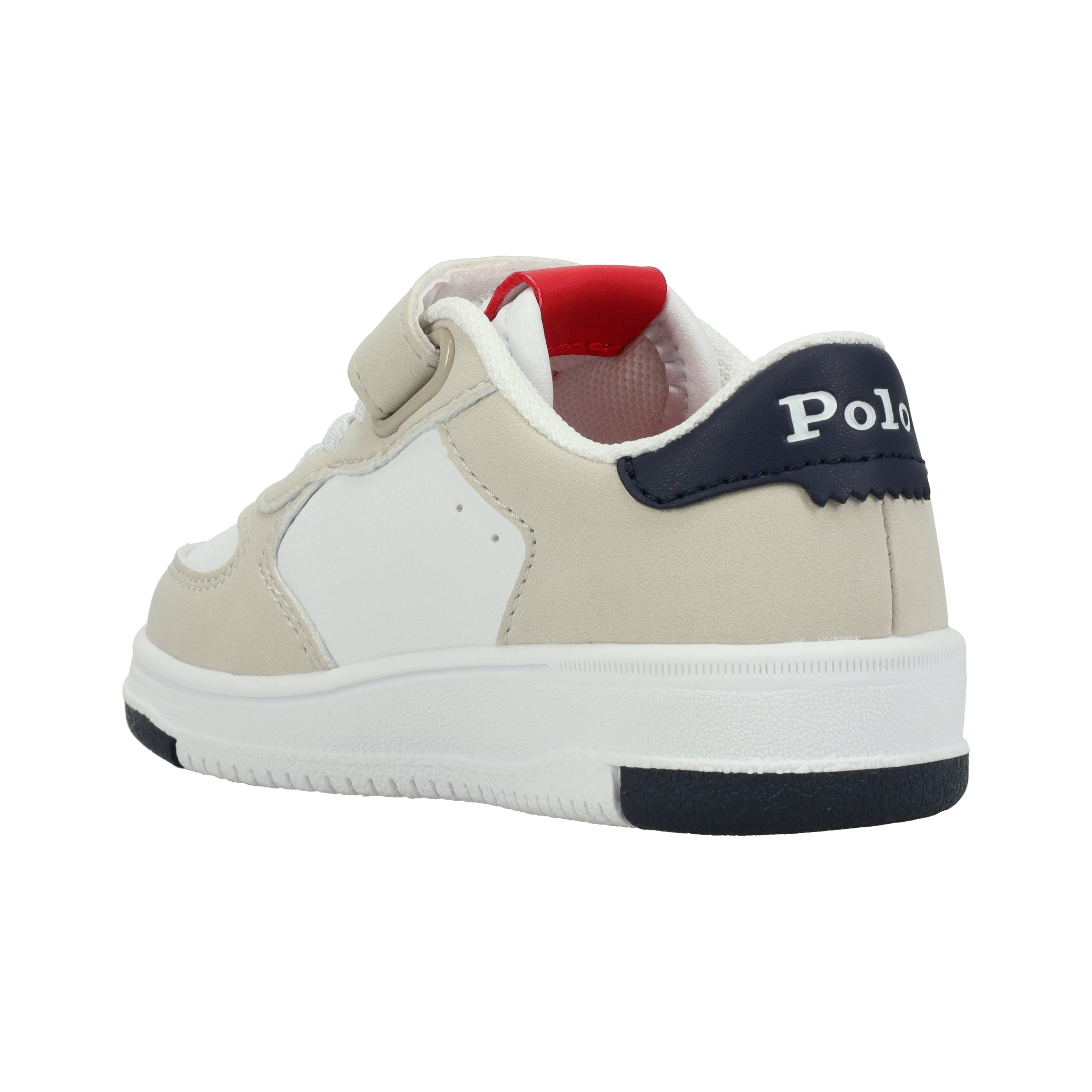נעל ספורט ילדים בצבע בז׳ ולבן עם סגירה סקוץ', סוליה לבנה ופרט כחול בעקב