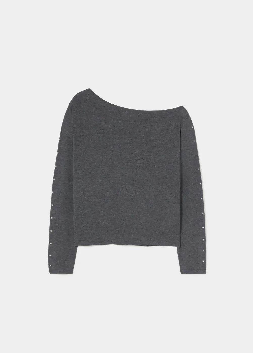 חולצת נשים אפורה ארוכה עם כתף אחת חשופה וקישוט ניטים בשרוולים, מתוך CHOZEN