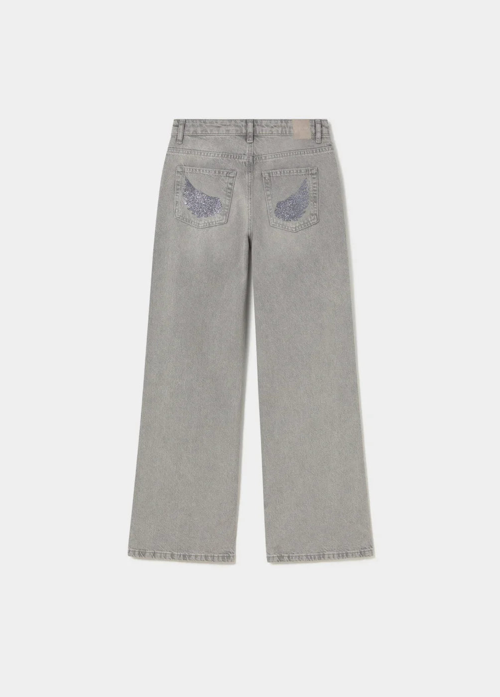 ג׳ינס אפור לנשים בגזרה רחבה, עיטור נוצץ על כיסים אחוריים, קולקציית מותגים CHOZEN