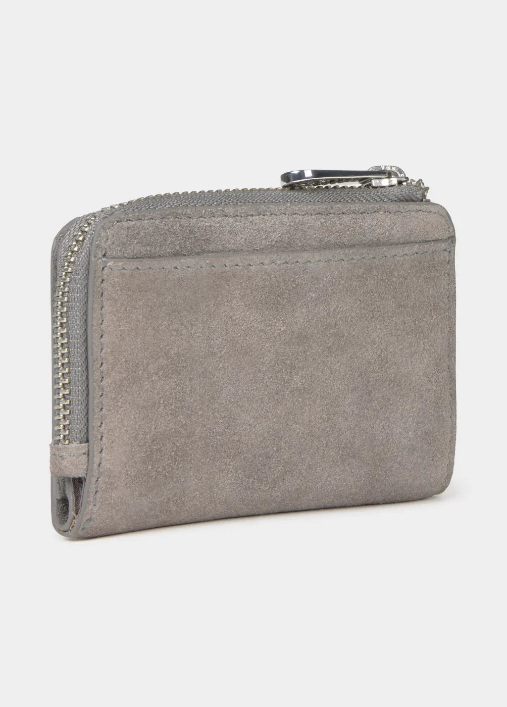 ארנק עור זמש אפור יוקרתי עם רוכסן, מצולם על רקע לבן, קולקציה CHOZEN