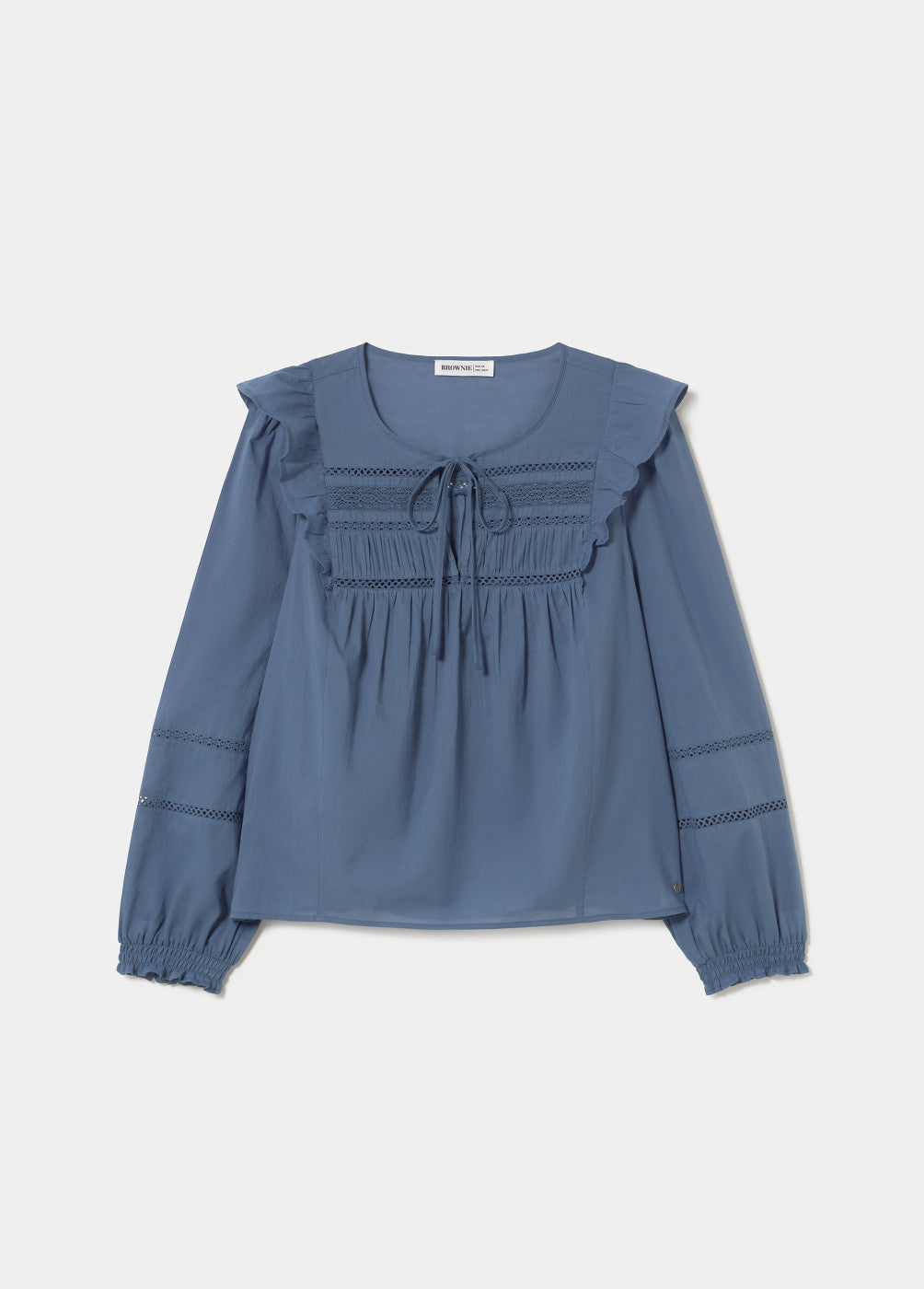 חולצה כחולה לנשים עם שרוולים ארוכים, סיומת תחרה וקשירה בחזית