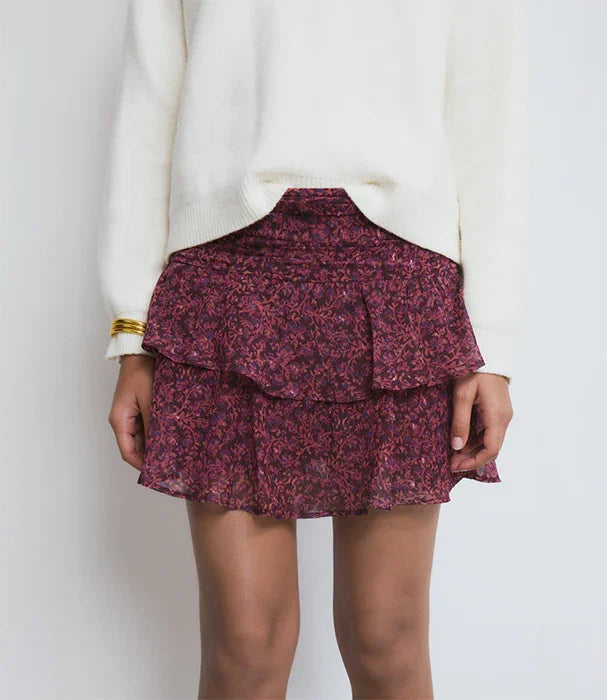 חצאית פלארטית קלה בדוגמת פרחים סגולה-ורודה, אופנת נשים באתר CHOZEN