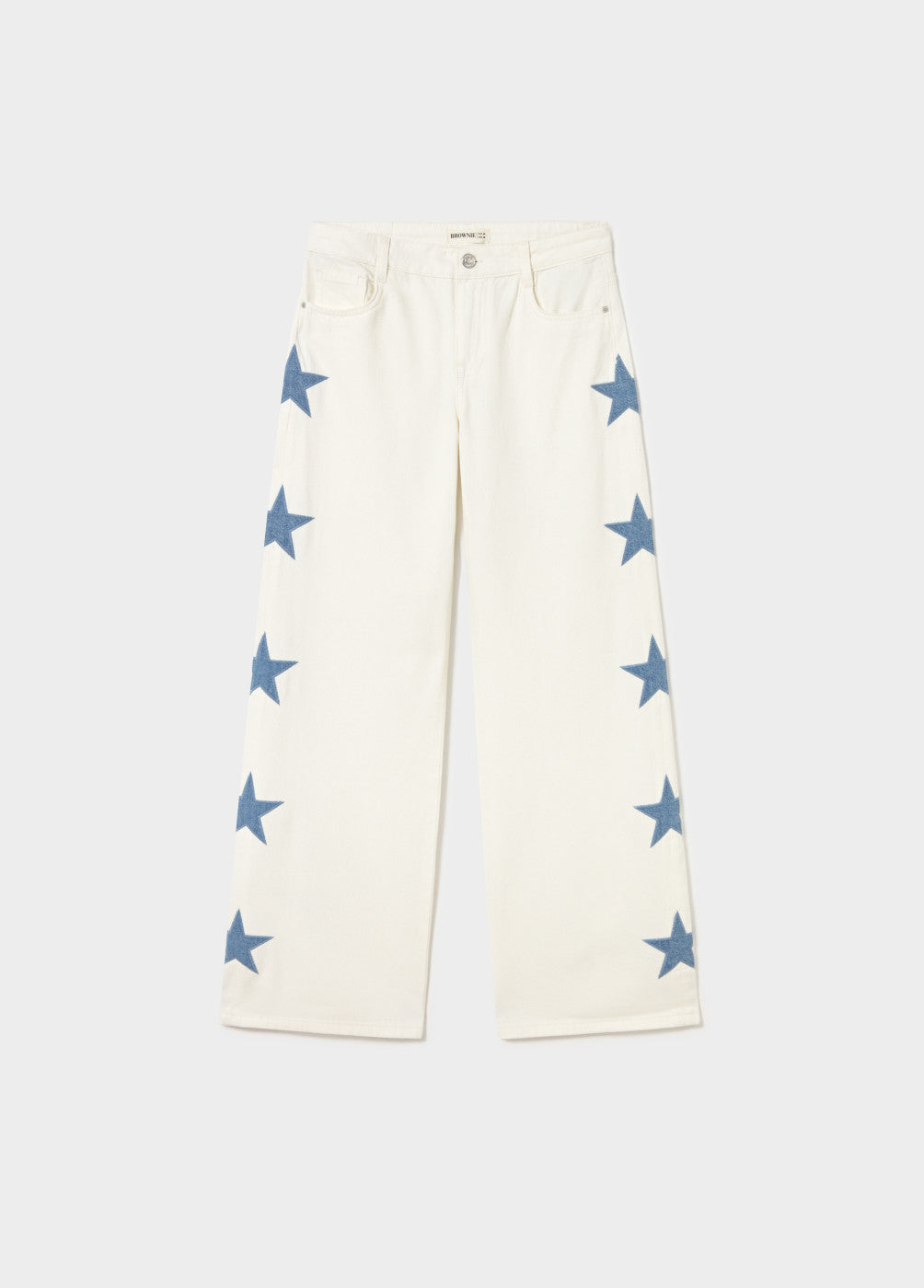 ג'ינס לבן עם פסי כוכבים כחולים בצדדים, גזרת רגל ישרה, אופנה לנשים