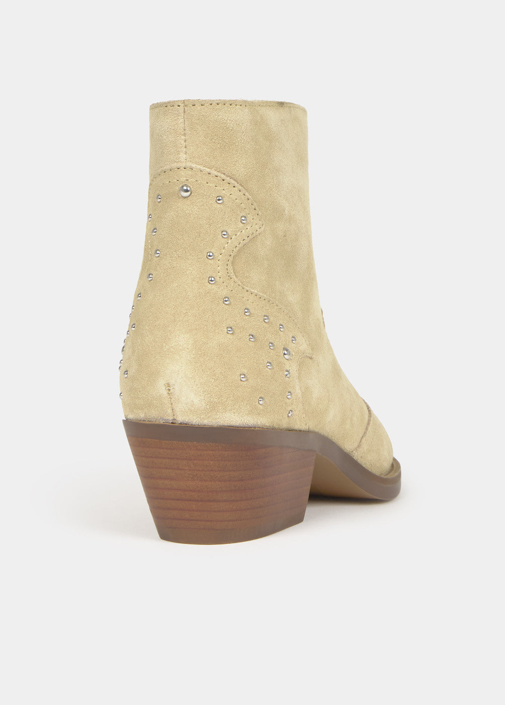 מגף נשים זמש בצבע בז' עם עקב נמוך, קישוט ניטים מתכתיים, עיצוב טרנדי