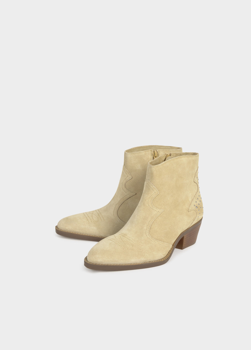 מגפוני זמש בצבע בז', עקב נמוך, עיצוב בוקרי לנשים