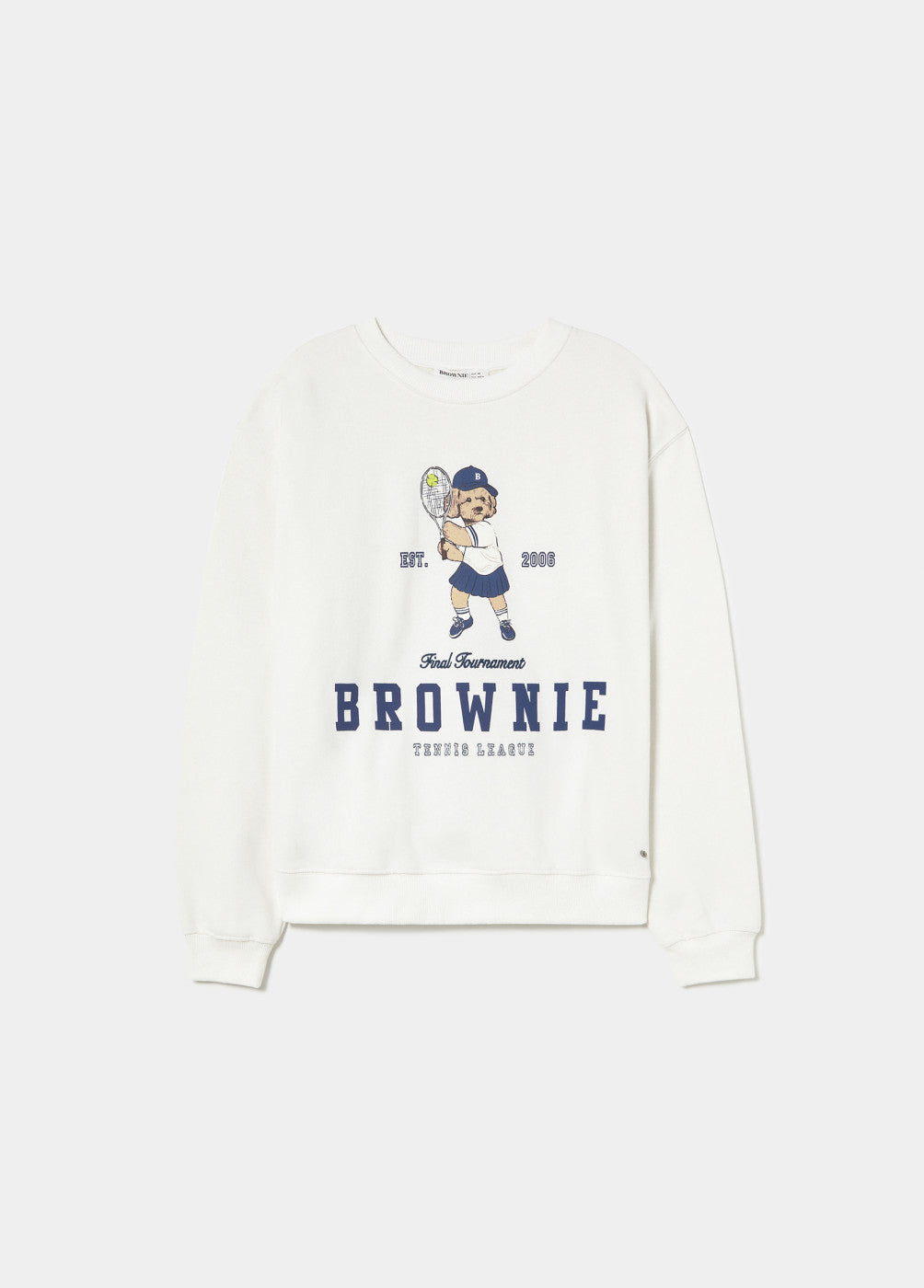 סווטשירט לבן עם דוב מצויר משחק טניס וטקסט BROWNIE, אופנת נשים ייחודית