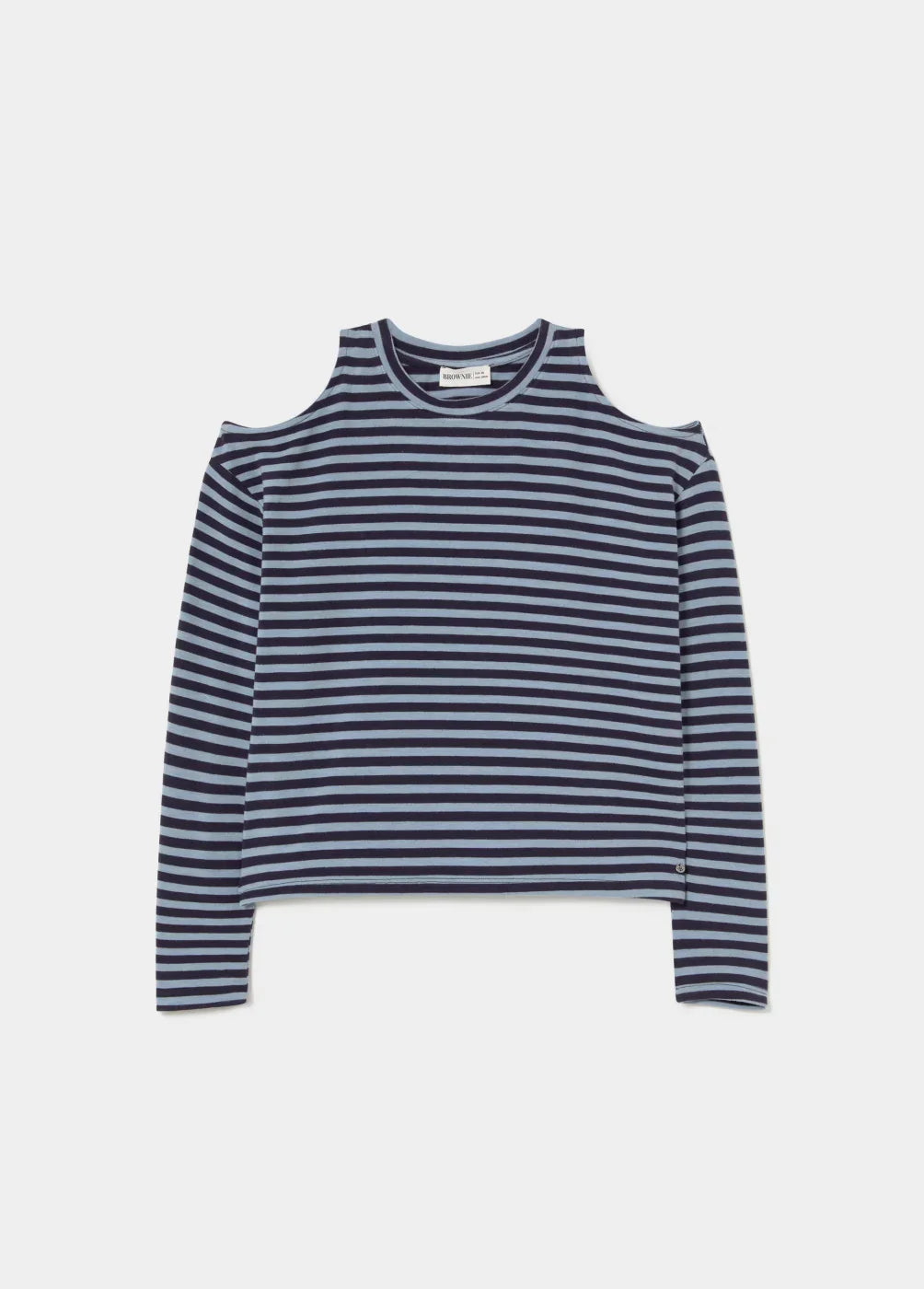 חולצה פסים כחולה עם שרוולים ארוכים וכתפיים פתוחות, אופנה לנשים באתר CHOZEN