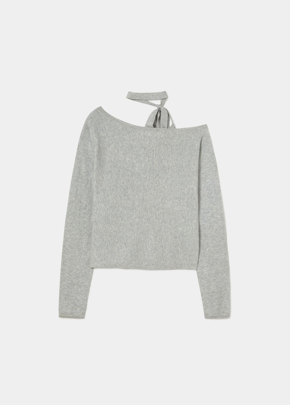 סוודר אפור לנשים עם שרוולים ארוכים, מחשוף א-סימטרי וקשר בצוואר