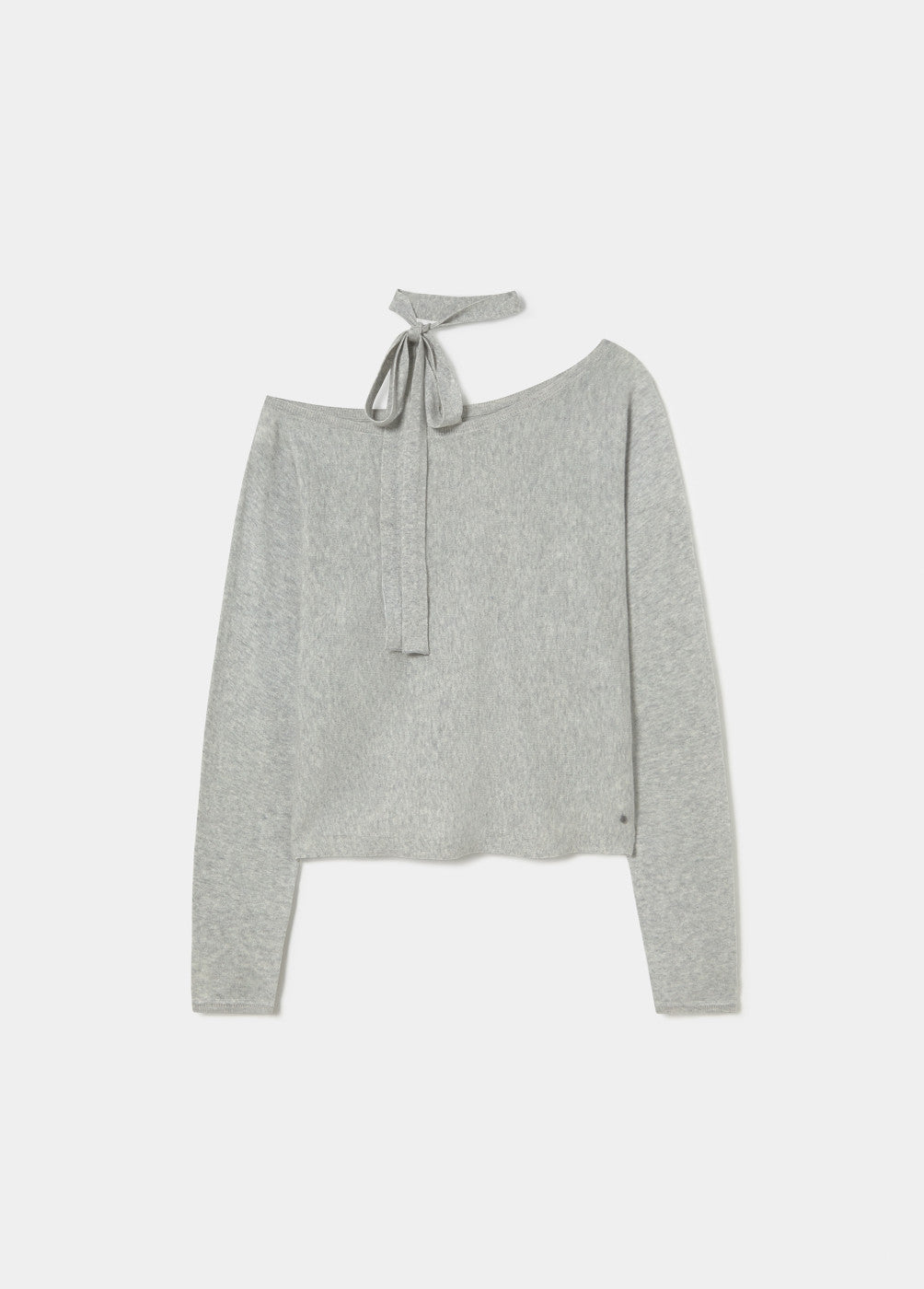 חולצת נשים אפורה, שרוול ארוך, מחשוף א-סימטרי עם קשירת סרט בצוואר