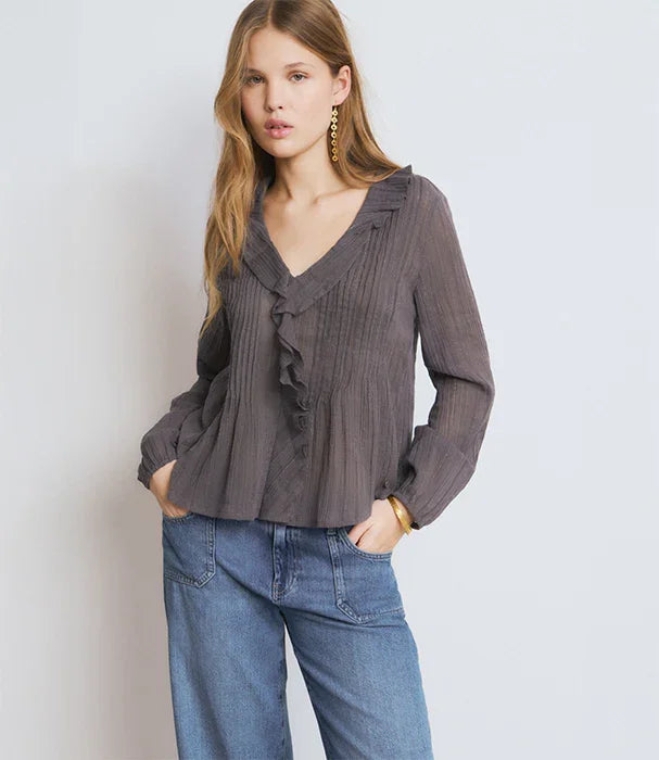 חולצה אפורה עם צווארון וולנים נשית, מכנסי ג'ינס, אופנת נשים CHOZEN