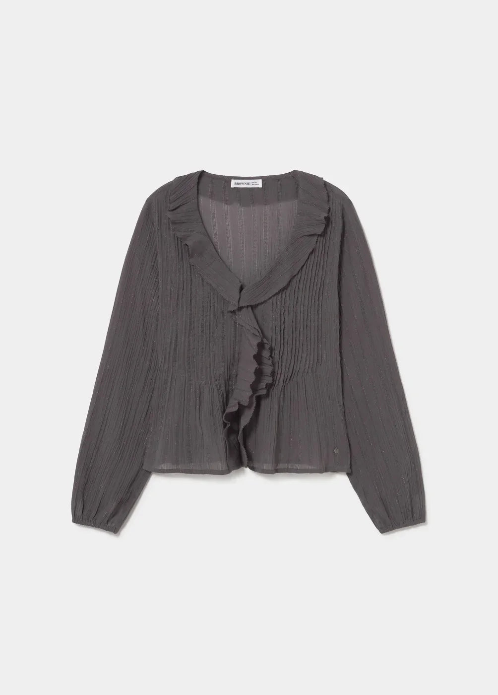 חולצה אפורה ארוכה עם עיצוב פליסה ופרטים רומנטיים, אופנה לנשים CHOZEN