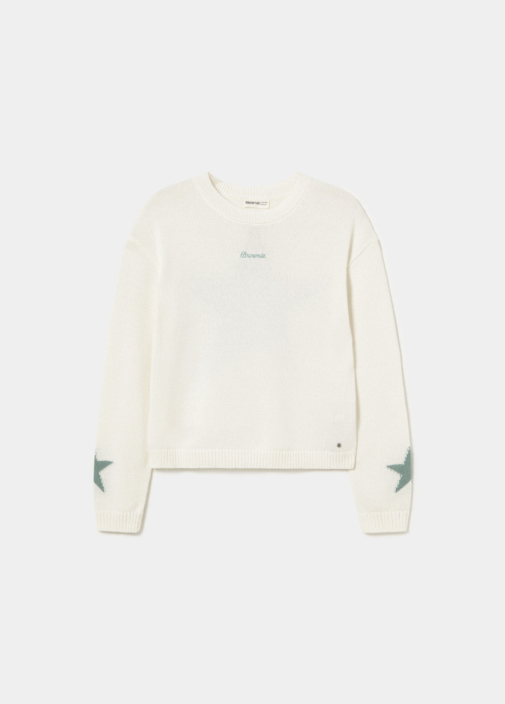 סוודר לבן לנשים עם כיתוב 'Brownie' בחזית וכוכבים ירוקים על השרוולים
