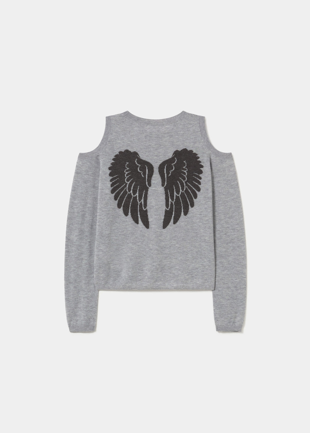 סוודר אפור עם פתחים בכתפיים ודוגמת כנפיים שחורות בגב, אופנה לנשים