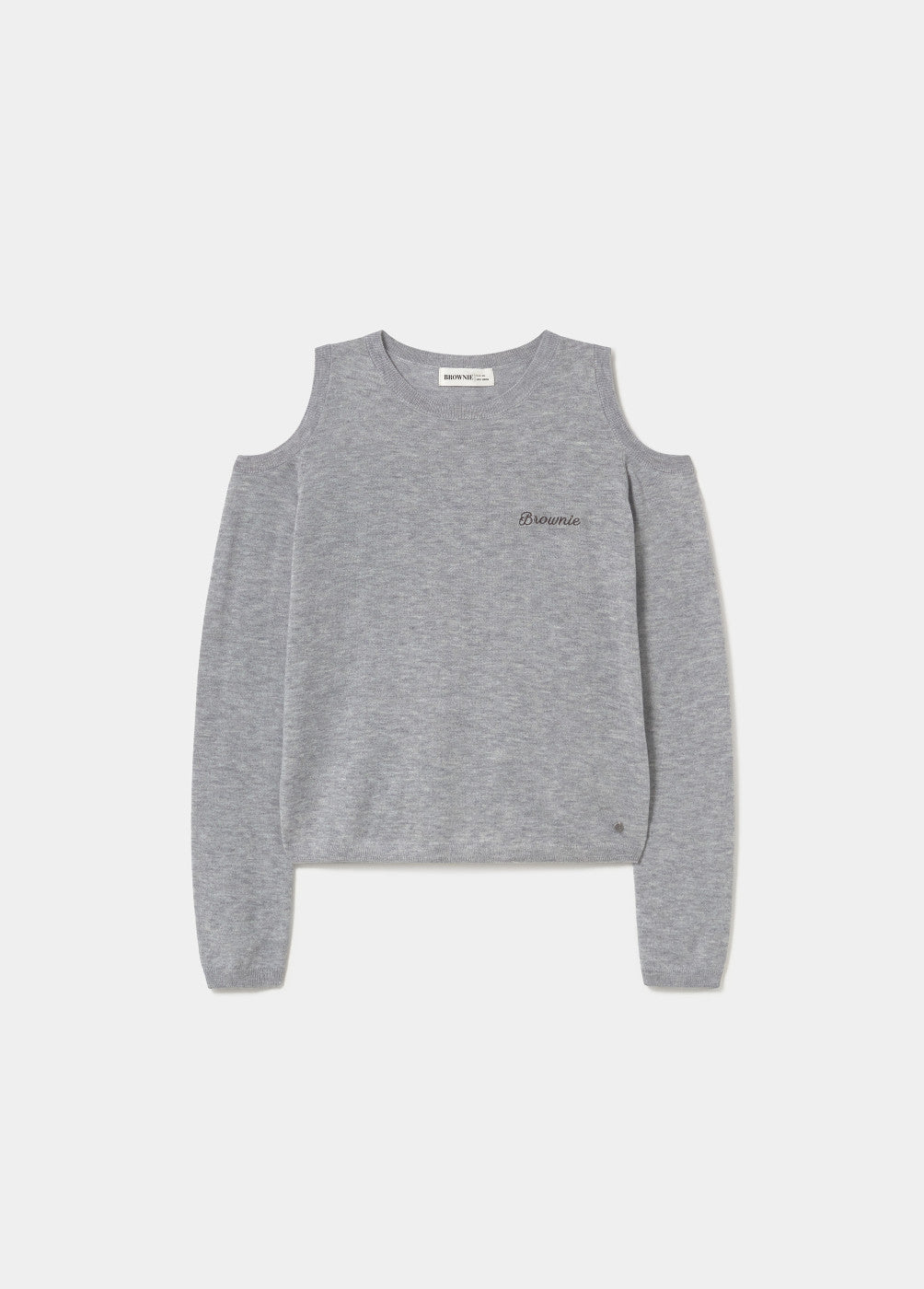סווטשירט אפור לנשים עם כתפיים חשופות וכיתוב Brownie בחזית