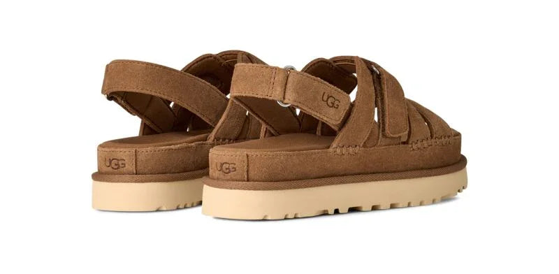 סנדלי עור חום יוניסקס עם רצועות ולוגו UGG, סוליה עבה בצבע בז', צילום מוצר זווית אחורית