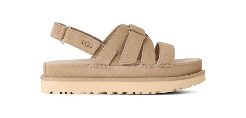 סנדלי נשים בז' עם רצועות בד, סוליה עבה ולוגו UGG בצד