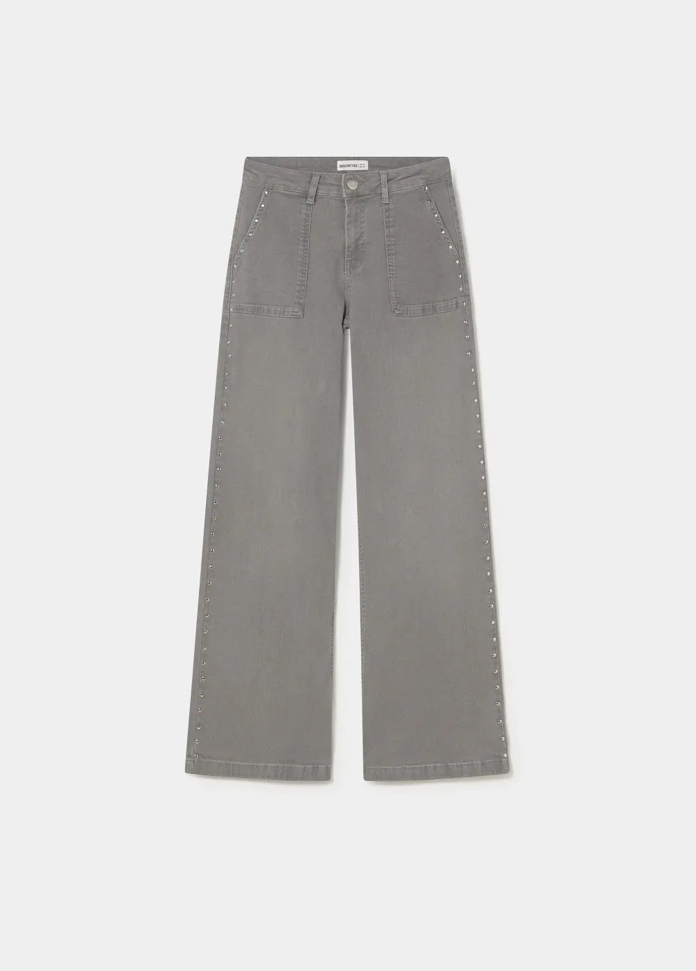 מכנסי ג'ינס ישרים אפורים עם ניטים בצדדים, מותג אופנה CHOZEN