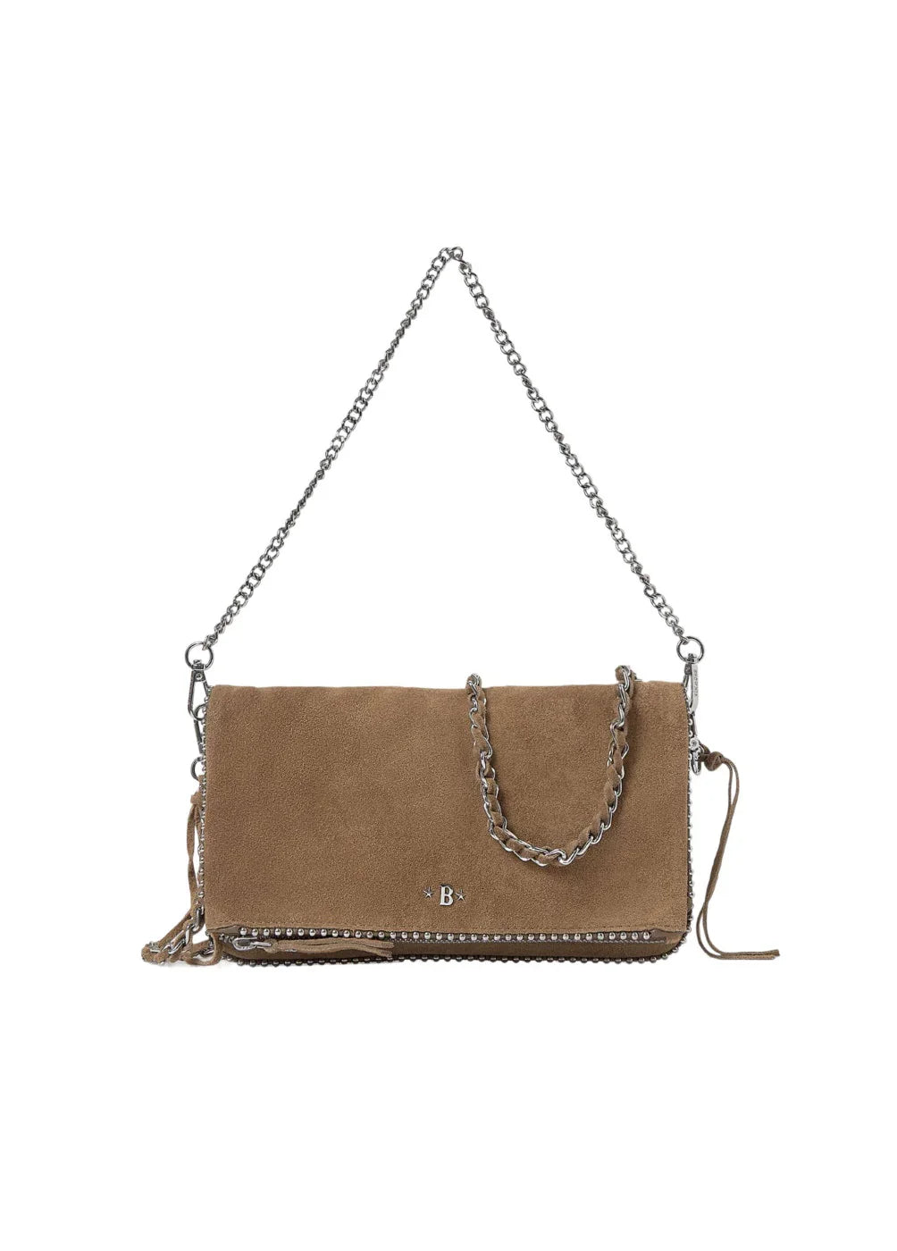 תיק קלאץ' דמוי זמש חום עם רצועות שרשרת מתכת אופנתי, קולקציית מותגים ב-CHOZEN