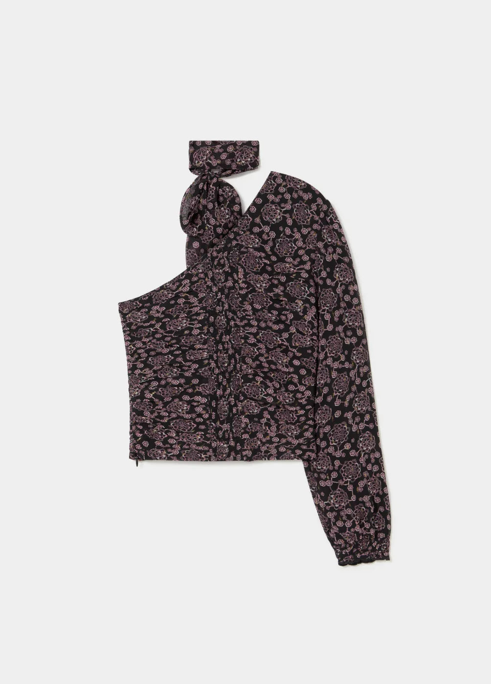 חולצת כתף אחת שחורה עם הדפס פרחוני סגול וקשר בצוואר, אופנת נשים CHOZEN