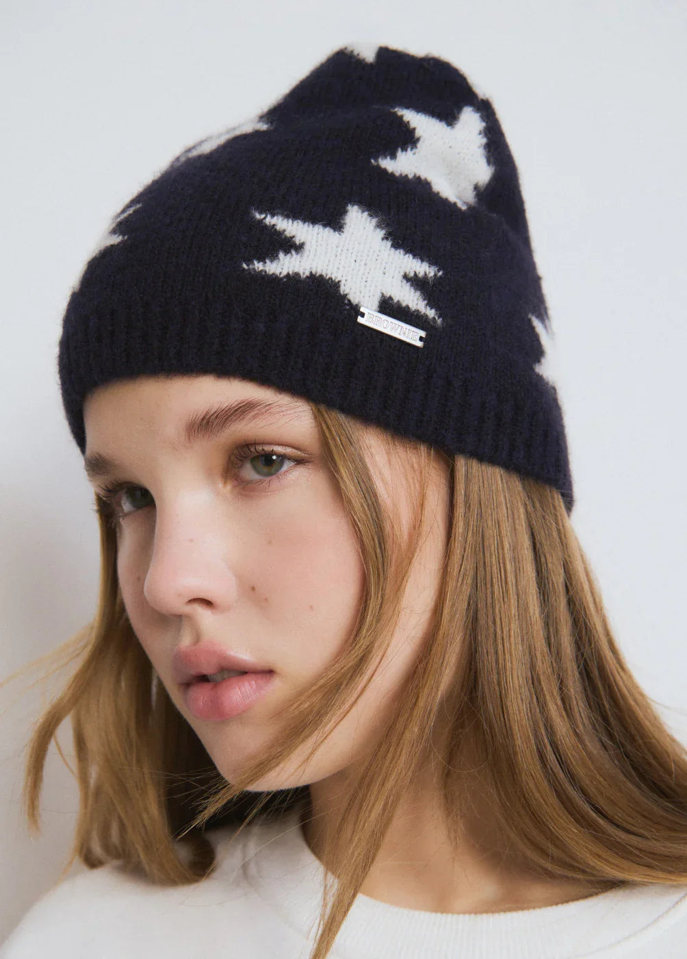 כובע גרב כחול עם דוגמת כוכבים לבנים לנשים, אופנת חורף CHOZEN