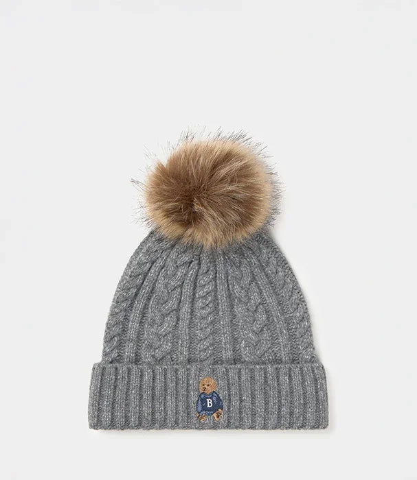 כובע צמר אפור עם פונפון פרווה ודובי רקום, אופנה חורפית איכותית ב-CHOZEN