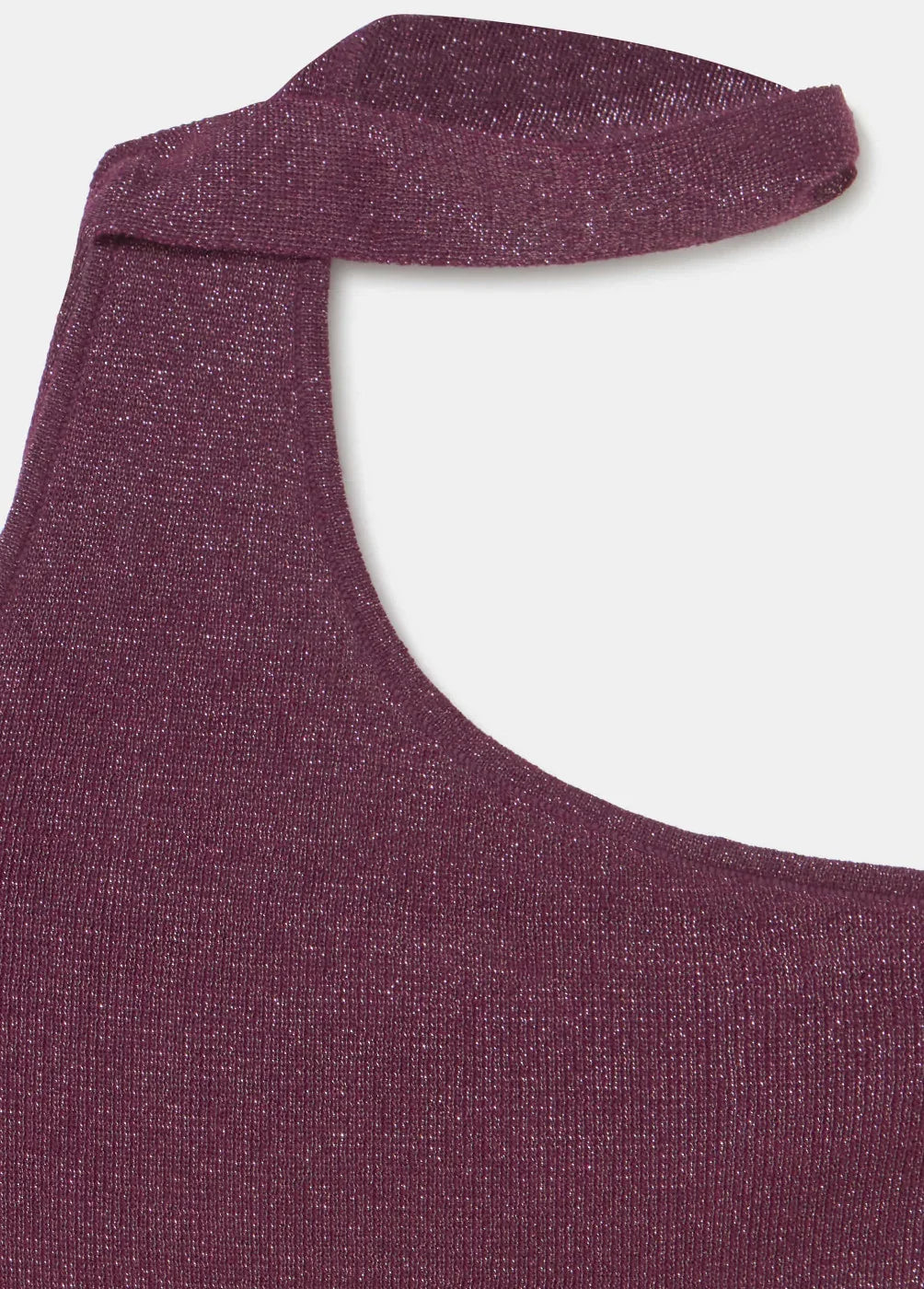 חלק עליון סריג בורדו מנצנץ עם כתפיה אחת, אופנה לנשים, CHOZEN מבית קבוצת אלפא