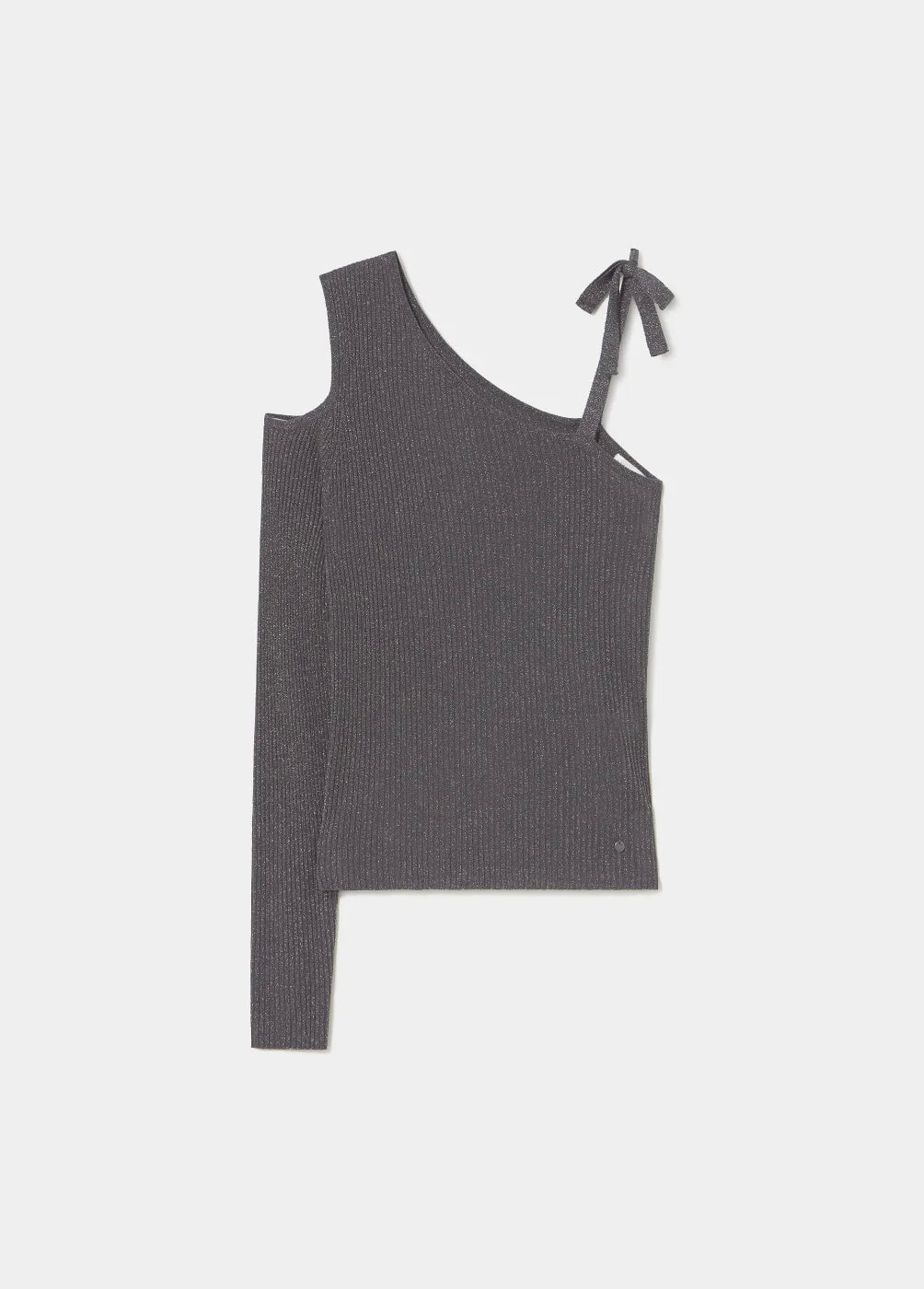 גופיית נשים אסימטרית בצבע אפור כהה מבית CHOZEN, עם שרוול אחד וקשר כתף