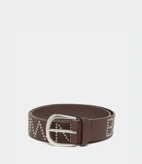 חגורת עור חומה עם אבני ניטים, אבזם מתכת, עיצוב אופנתי CHOZEN