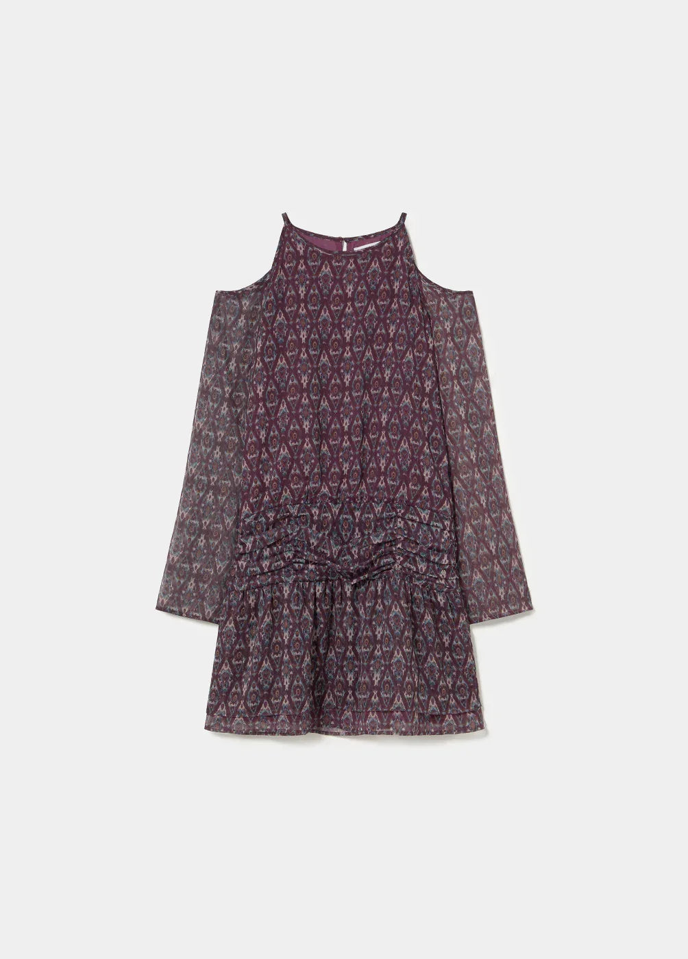 שמלת נשים ארוכה עם שרוולים וחיתוך כתפיים, הדפס גיאומטרי סגול, CHOZEN מותגים מובילים