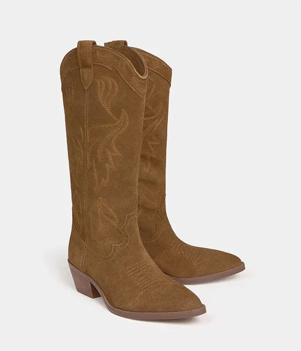 מגפיים חומים גבוהים מעור זמש בעיצוב בוהו, אופנת נשים מותגי CHOZEN