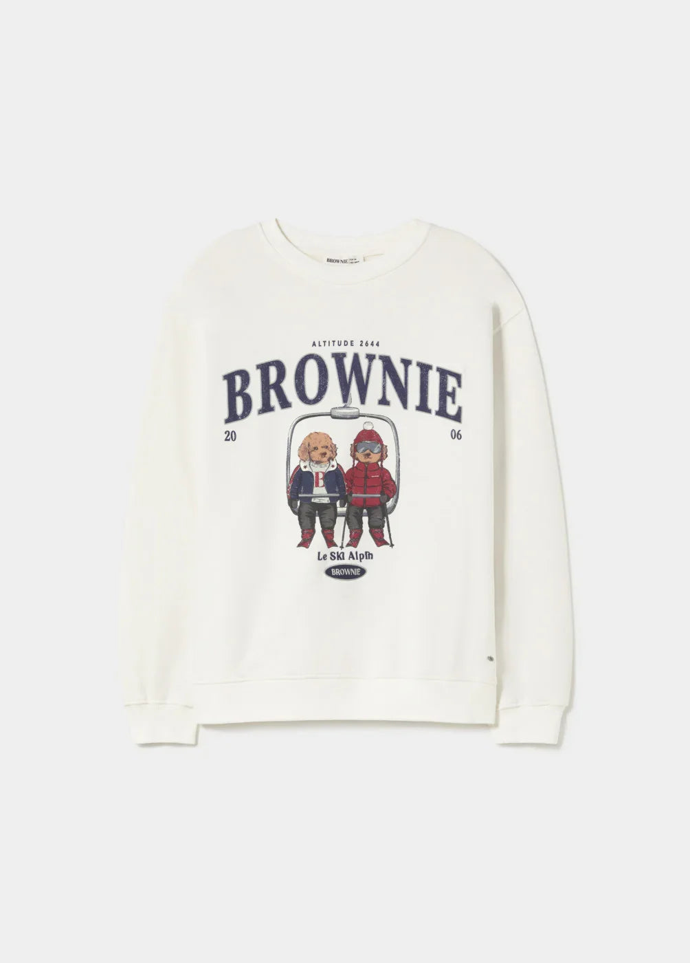 סווטשרט לבן BROWNIE עם הדפס דמויות סקי, אופנה לנשים, מותג מוביל ב-CHOZEN