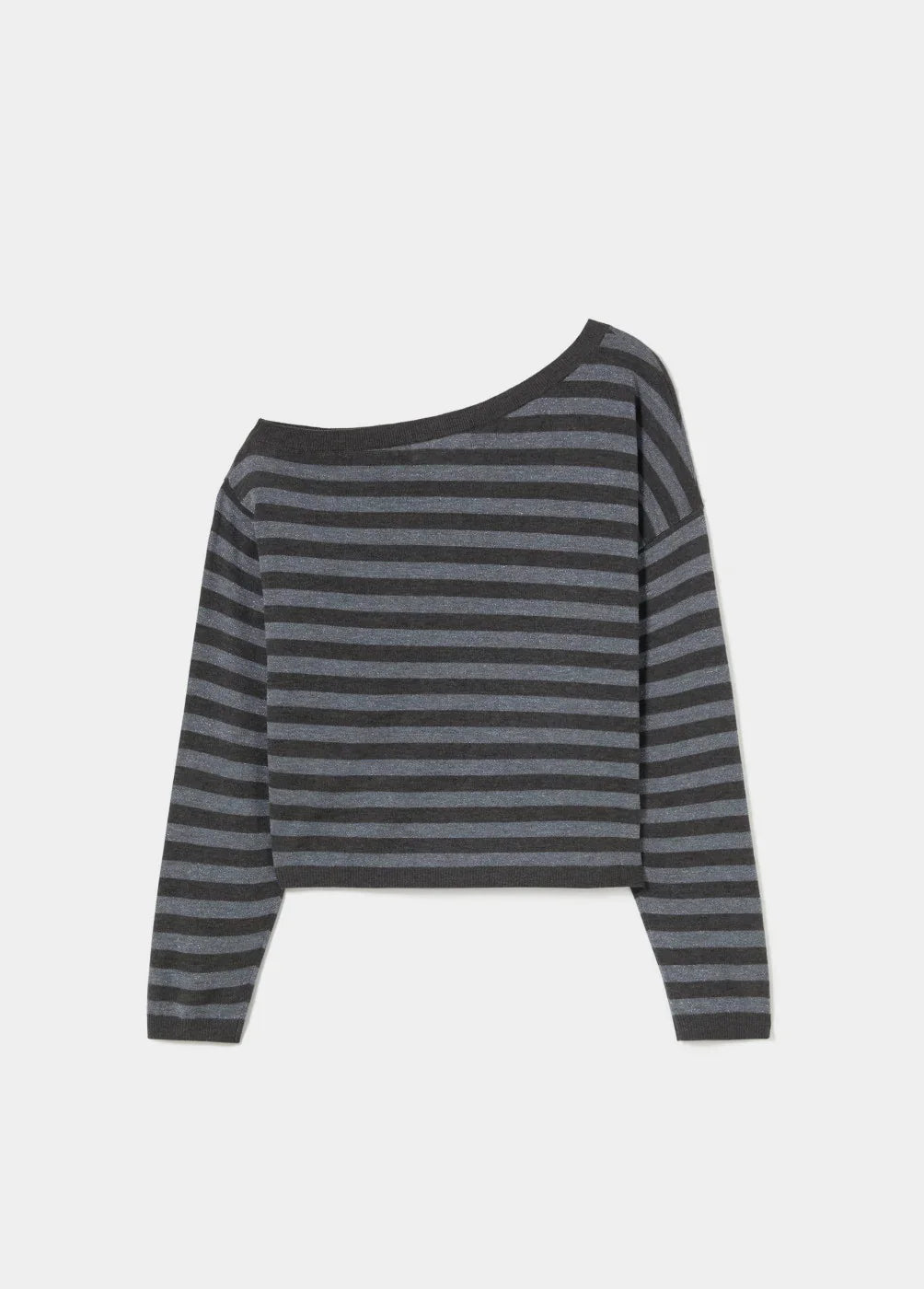 סוודר פסים אפור כהה עם מחשוף א-סימטרי, אופנת נשים CHOZEN