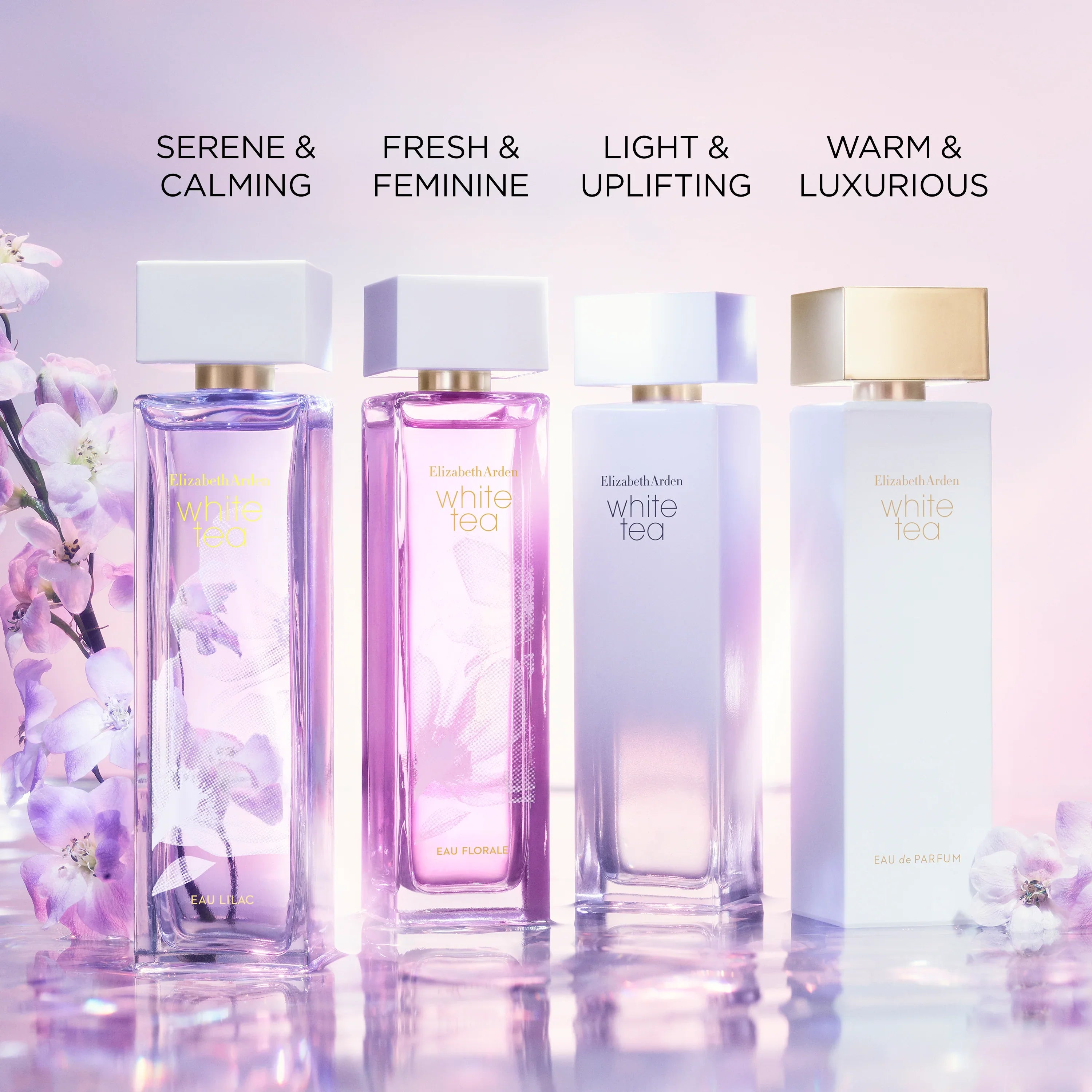 בקבוקי בושם אליזבת ארדן White Tea בגוונים סגול ולבן עם פרחים, CHOZEN מותגים מובילים