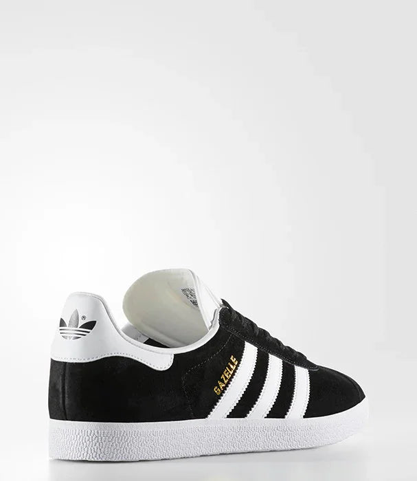 נעל ספורט אדידס Gazelle שחורה עם פסים לבנים, צילום צד אחורי, CHOZEN מותגים מובילים