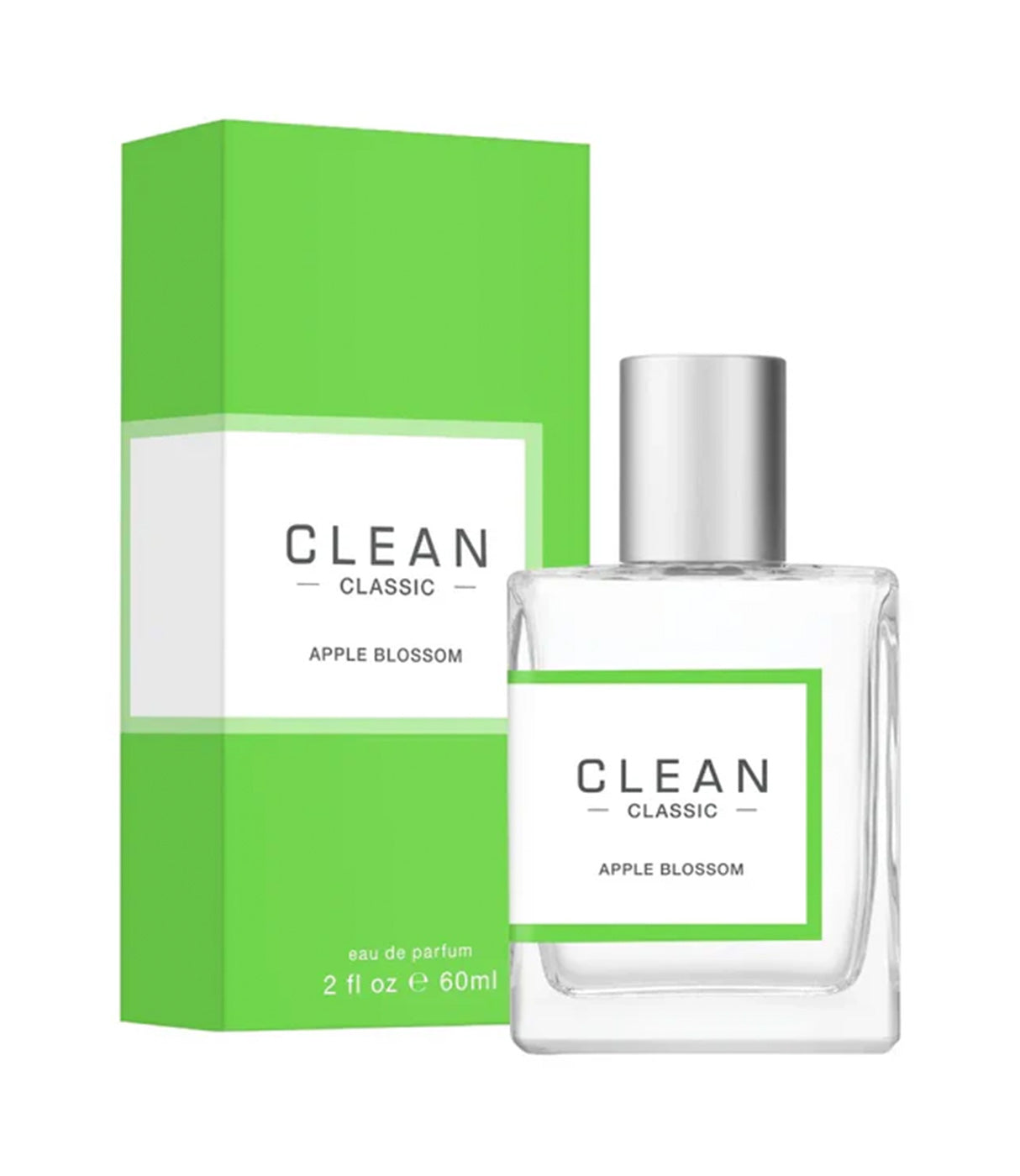 בקבוק ובקופסה של בושם CLEAN CLASSIC APPLE BLOSSOM, 60 מ"ל, בעיצוב ירוק ולבן