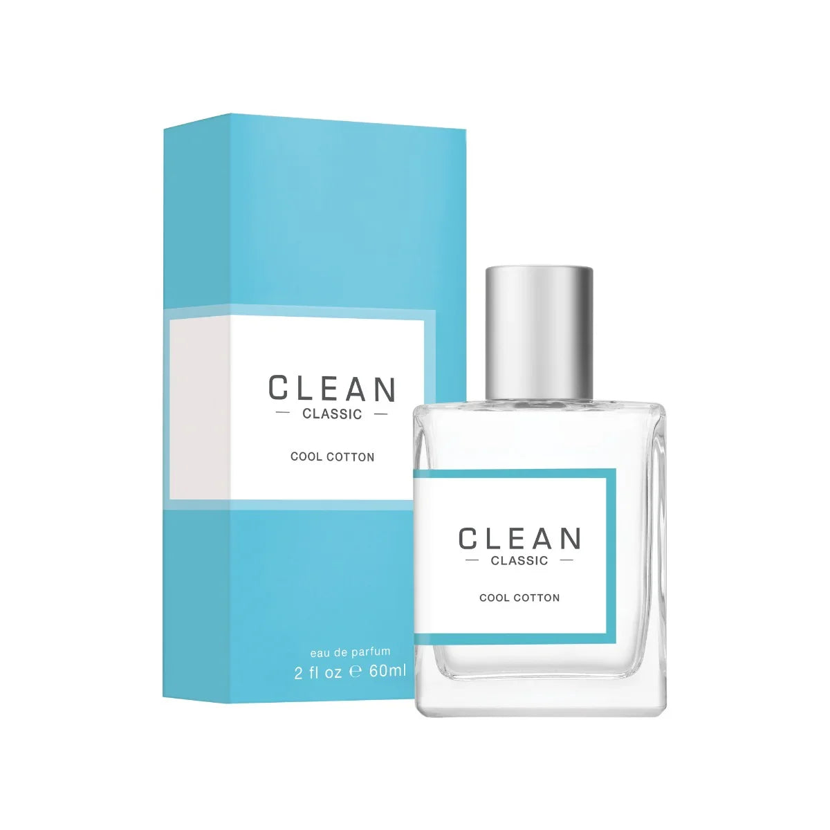 בקבוק ובקופסה של בושם CLEAN CLASSIC COOL COTTON בגודל 60 מ"ל, עיצוב מינימליסטי בצבעי טורקיז ולבן