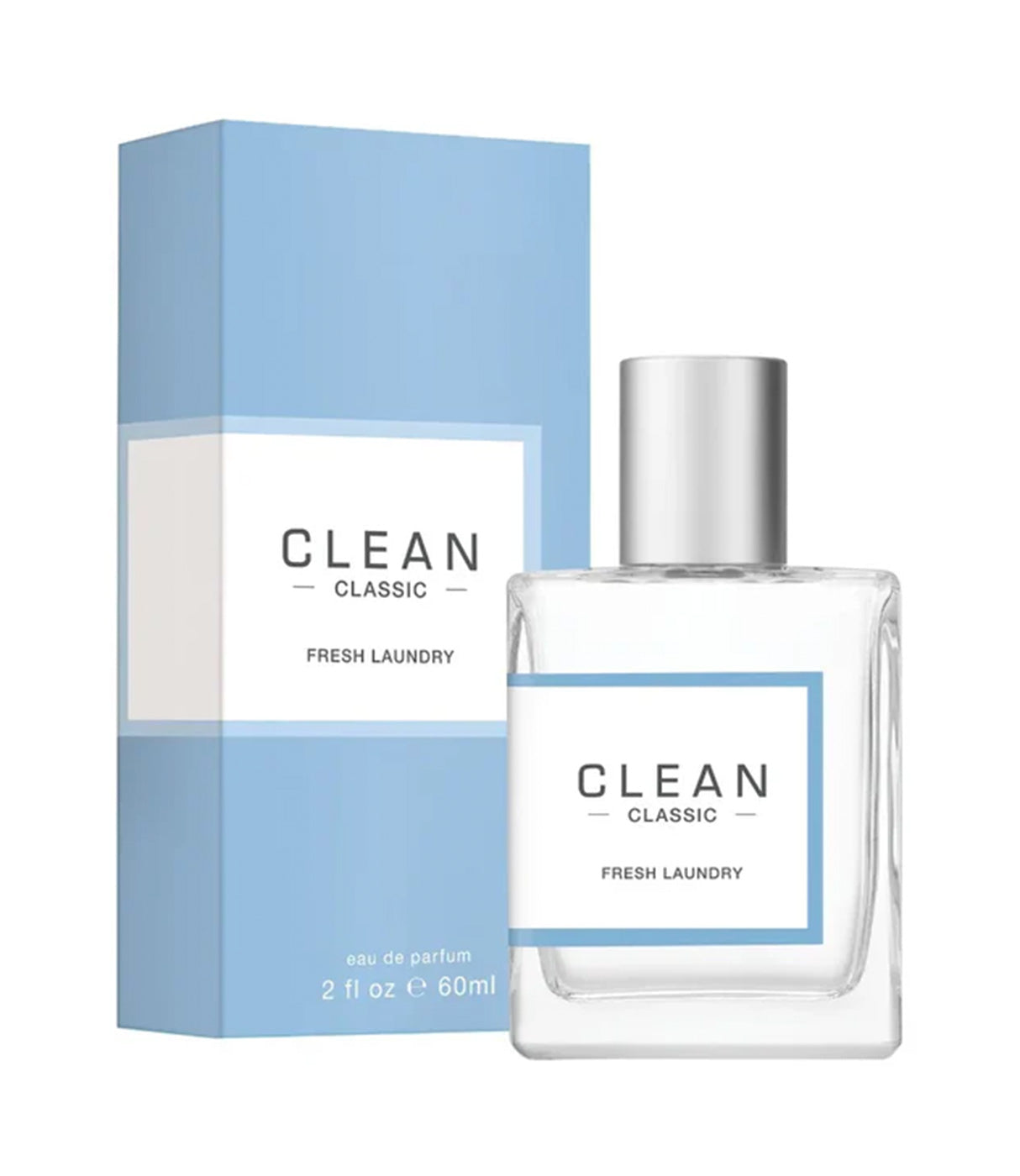 בושם CLEAN CLASSIC Fresh Laundry לאישה, בקבוק 60 מ"ל לצד קופסה כחולה