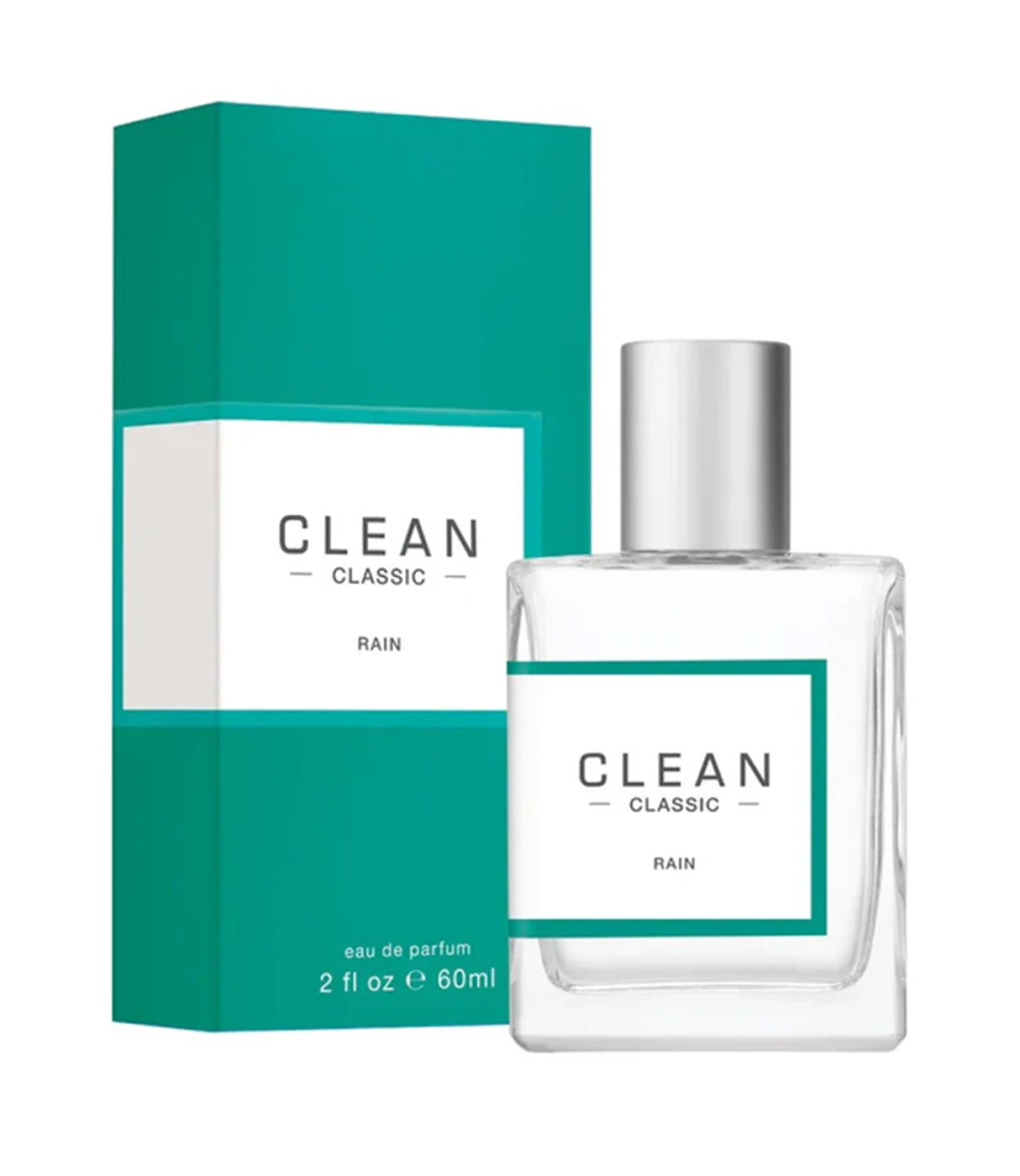 בושם CLEAN CLASSIC RAIN בנפח 60 מ"ל, בקבוק זכוכית עם פקק כסוף ואריזה ירוקה-לבנה.