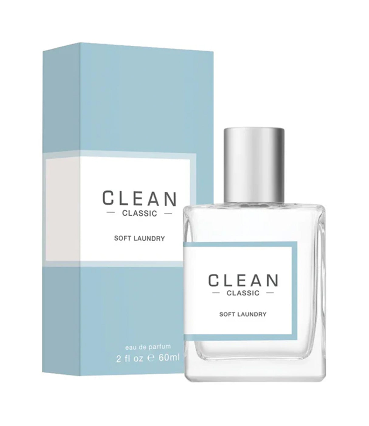 בקבוק ובאריזת בושם CLEAN CLASSIC SOFT LAUNDRY 60 מ"ל בעיצוב מינימליסטי בגווני כחול ולבן