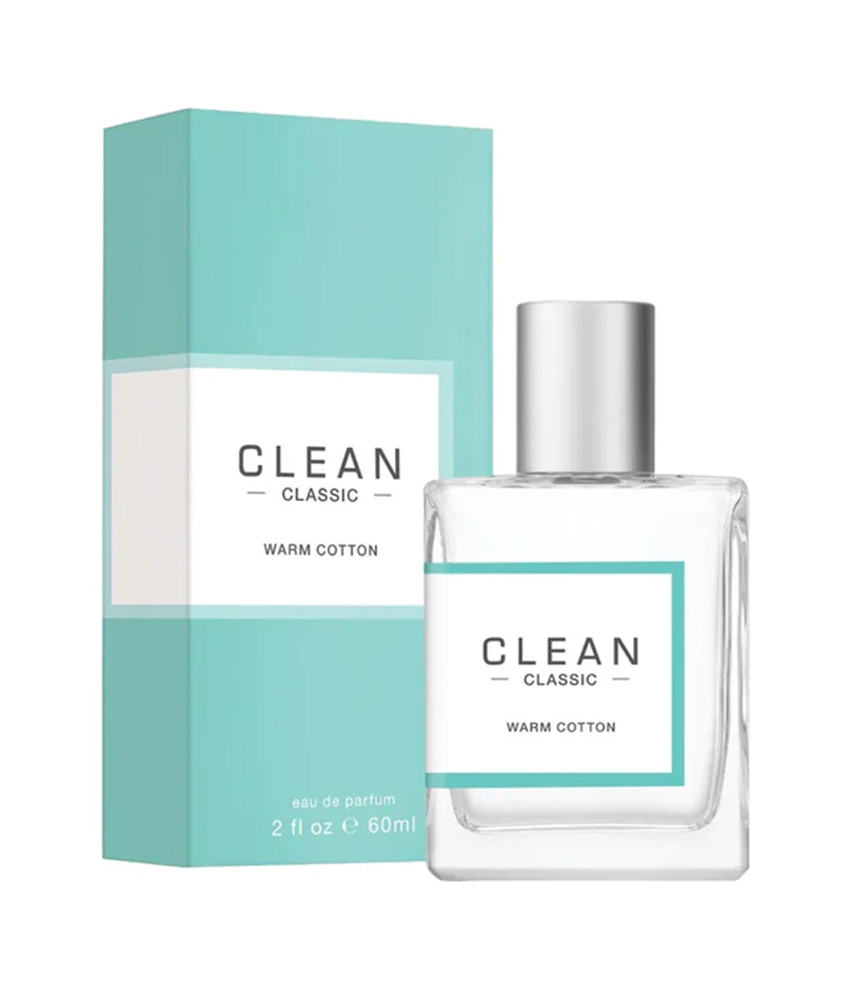 בושם CLEAN CLASSIC Warm Cotton 60 מ"ל עם קופסה בצבע טורקיז לבן, בקבוק מרובע ופקק מטאלי.