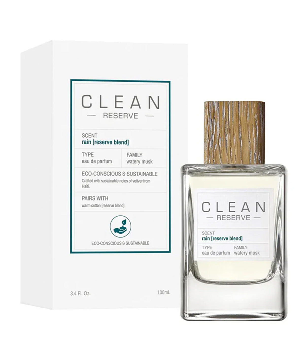 בקבוק ובאריזת בושם CLEAN RESERVE rain reserve blend 100 מל, פקק עץ, עיצוב מודרני