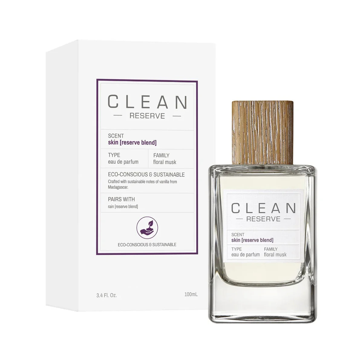 בקבוק ובאריזה של בושם CLEAN RESERVE skin reserve blend 100ml, מוצג על רקע לבן, ייבוא קבוצת אלפא