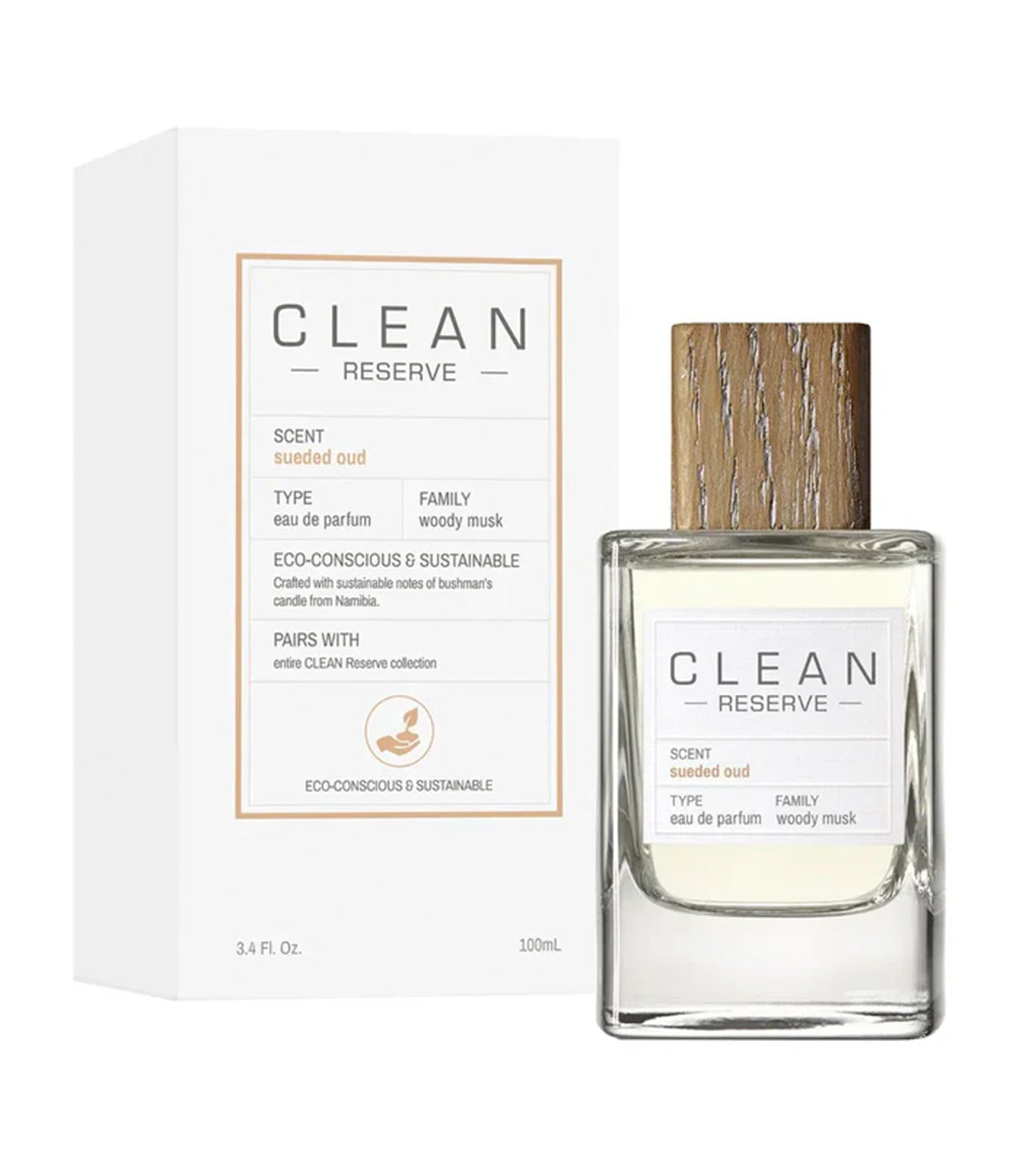בושם CLEAN RESERVE Sueded Oud 100 מ"ל עם קופסה, פקק עץ, עיצוב יוקרתי, ניחוח מושק עצי