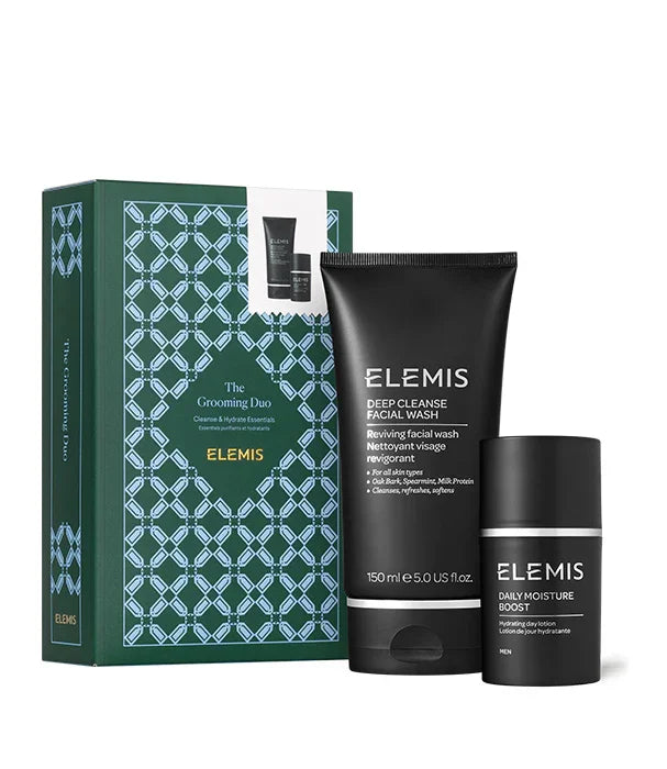 ערכת טיפוח גברים Elemis Grooming Duo עם שטיפת פנים וקרם לחות, מוצג על רקע קופסה מעוצבת, CHOZEN