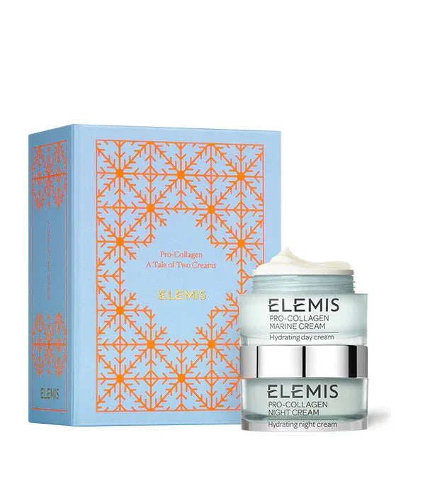 סט קרמים פרו-קולגן ELEMIS, מארז כחול עם שני קרמי יום ולילה, נראות יוקרתית, CHOZEN
