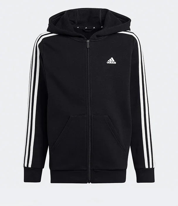 קפוצ'ון אדידס שחור עם רוכסן, כיסים ופסים לבנים, צילום מוצר CHOZEN